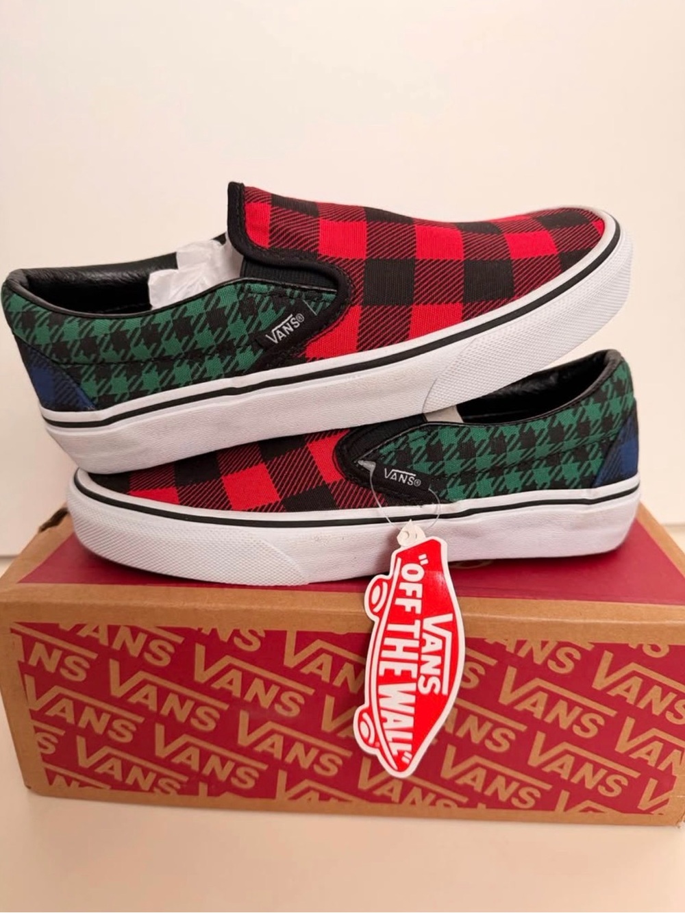 Vans Classic Slip-On Buffalo Plaid “What The”. Size 4 Kids / 5.5 Women’s